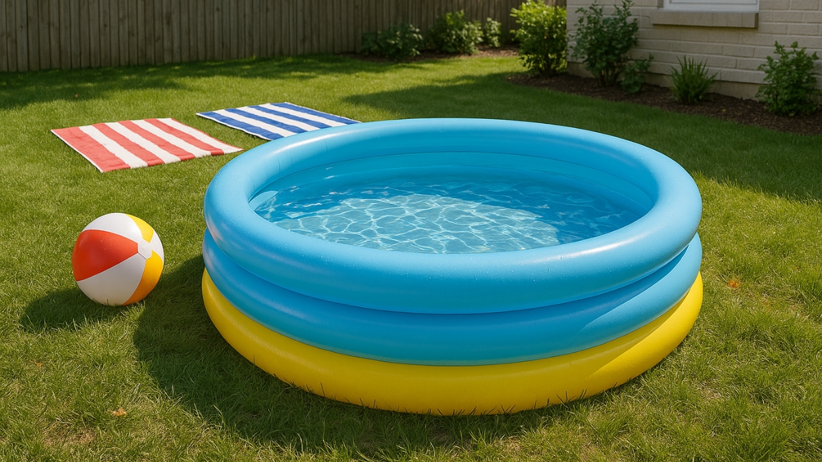 Inflatable blue and yellow kiddie pool with a beach ball and striped towels on a green lawn.