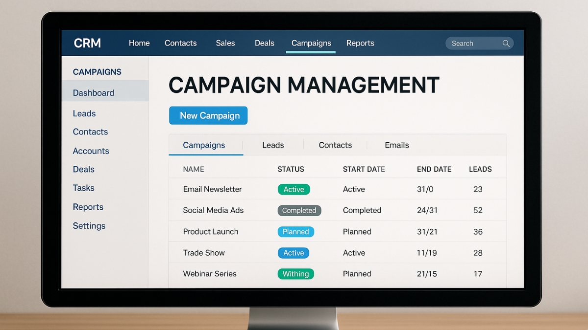 A computer monitor displaying a CRM interface with a campaign management table and navigation menu.