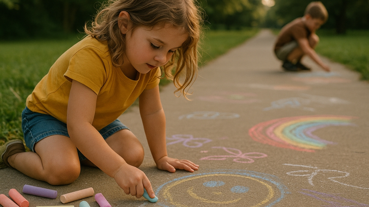 Young girl draws a smiley face with chalk while a boy in the background adds to colorful sidewalk art.