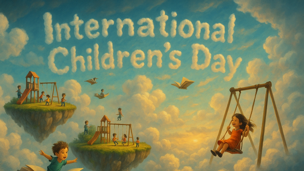 Children play on floating playgrounds among clouds with swings, slides, books, and skywriting for International Children’s Day.
