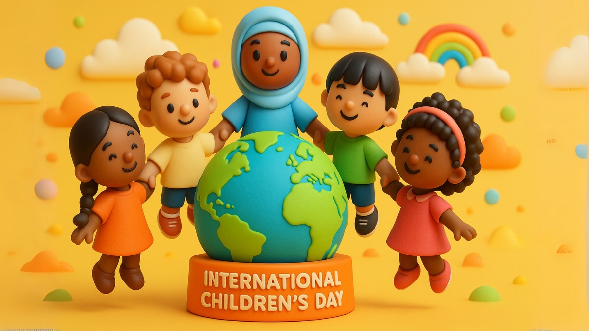 Five clay children holding hands around a globe on a yellow background with clouds, rainbow, and International Childrens Day text.