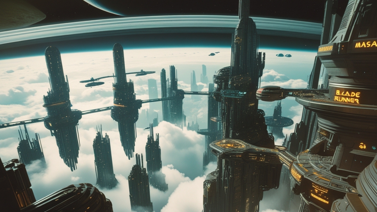 Massive futuristic city with floating towers and lighted roads above the clouds and a visible ringed planet in the sky.