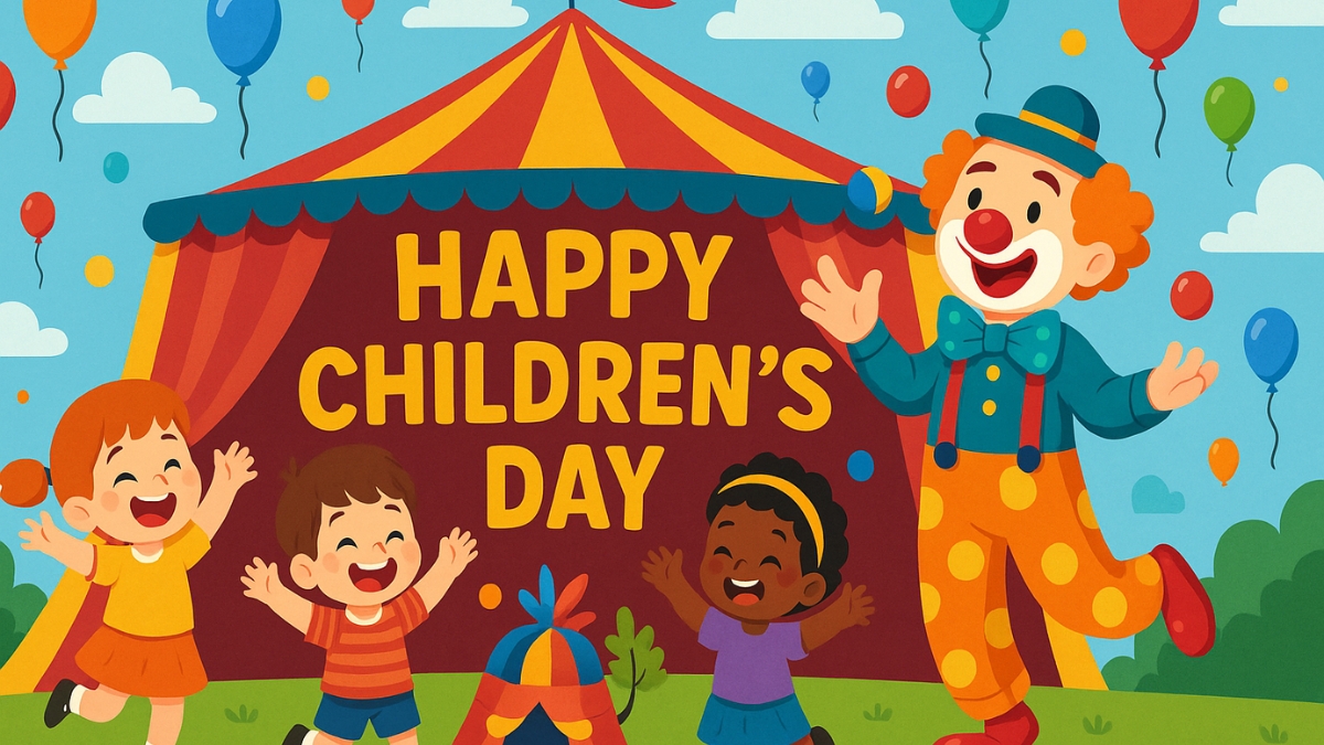 Cartoon clown and cheerful kids celebrating Childrens Day in front of a colorful circus tent with balloons.