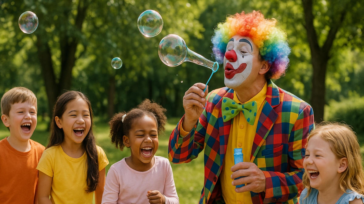 A cheerful clown in a plaid suit blows bubbles as a group of laughing children watches in a sunny park.