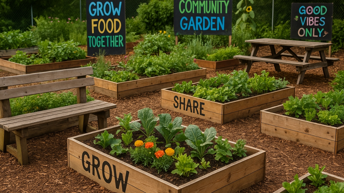 Raised wooden garden beds filled with vegetables and signs that read Grow, Share, and Community Garden.