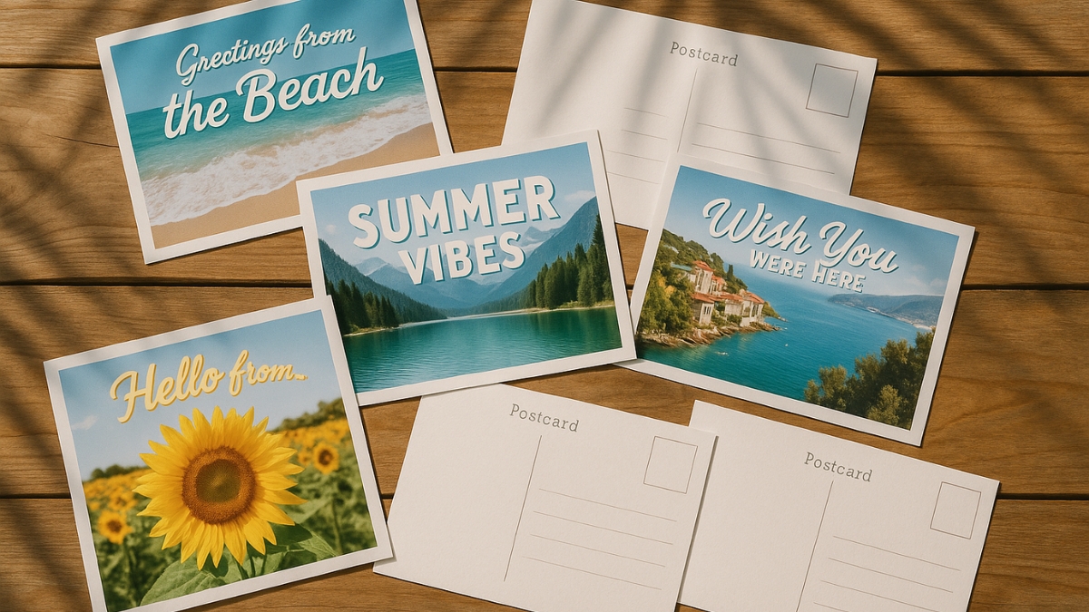 Assorted summer-themed postcards with scenic photos and text placed on a wooden table.