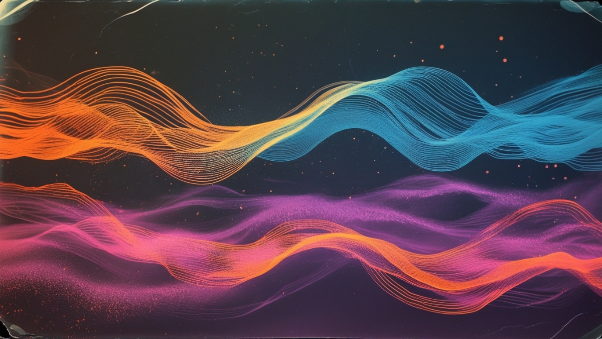 Curved lines in orange, blue, and purple flow horizontally over a dark starry background.
