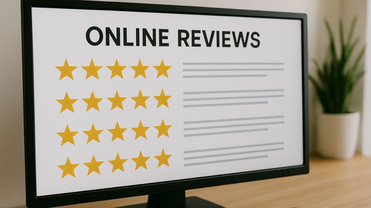 A monitor shows an online reviews page with rows of yellow stars and placeholder text for customer feedback.