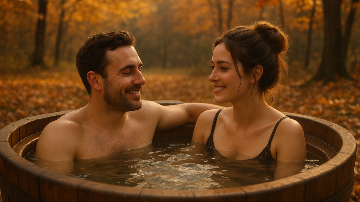 A smiling couple sits together in a wooden hot tub surrounded by autumn leaves and forest trees.