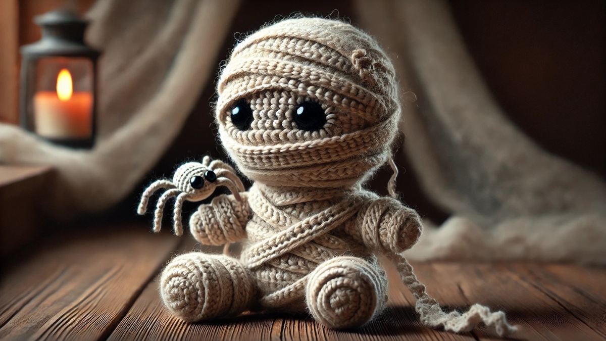 Crocheted Mummy Doll with Spider and Candlelight