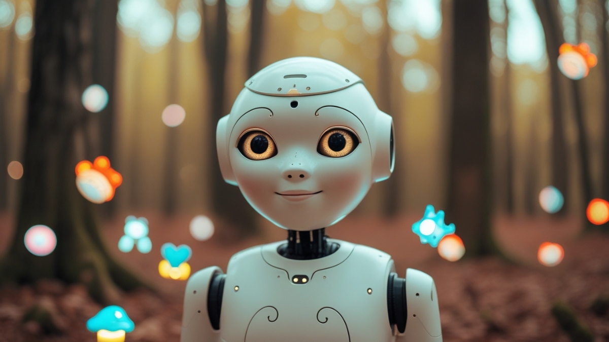 A humanoid robot with large golden eyes stands in a forest surrounded by glowing floating creatures.