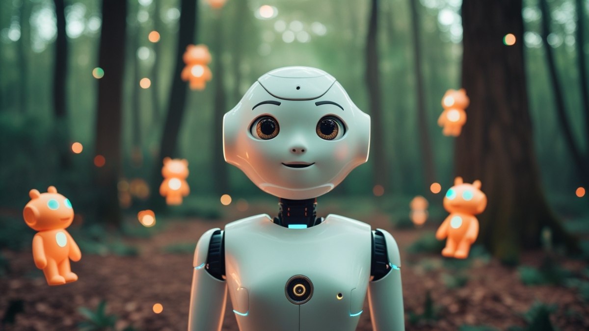Friendly white android with large eyes stands in a forest with glowing orange floating bots around it.