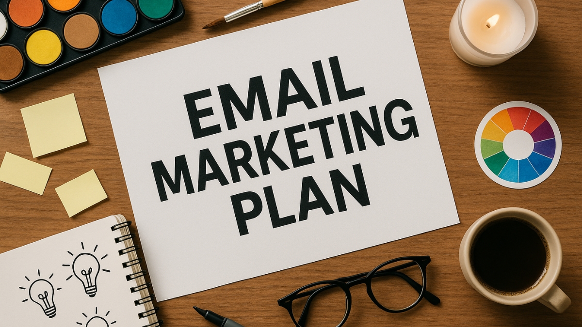A sheet of paper with the text “Email Marketing Plan” lies on a wooden desk surrounded by office and creative supplies.