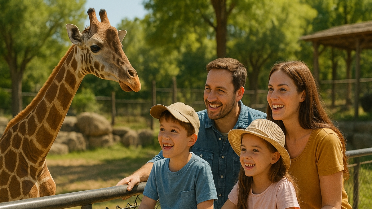 A smiling family with two kids stands by a fence watching a giraffe up close at the zoo on a sunny day.