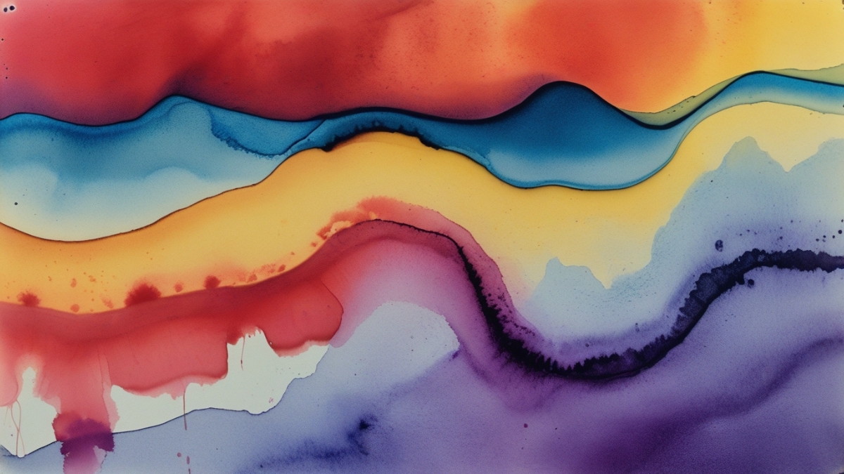 Vibrant watercolor bands in red, blue, yellow, and purple flow in soft curves across the paper.