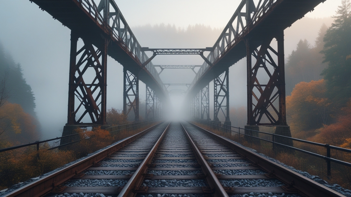 Train tracks lead through a steel bridge into dense morning fog, surrounded by forest trees with autumn foliage.