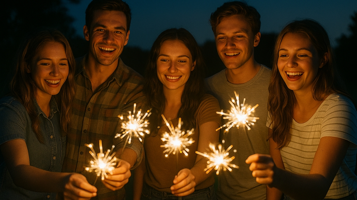 Friends Celebrating with Sparklers at Night