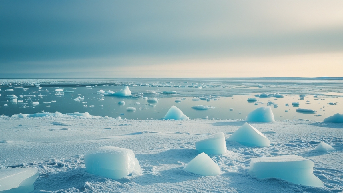 Snow-covered shoreline with scattered blue ice chunks near a calm, frozen arctic sea under a pale sky.