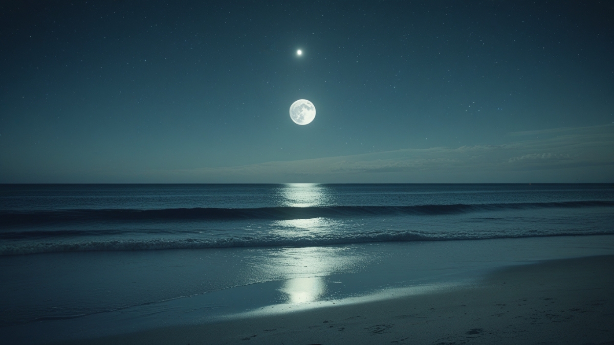 A bright full moon shines above the ocean, casting a reflection on gentle waves and a quiet sandy beach at night.