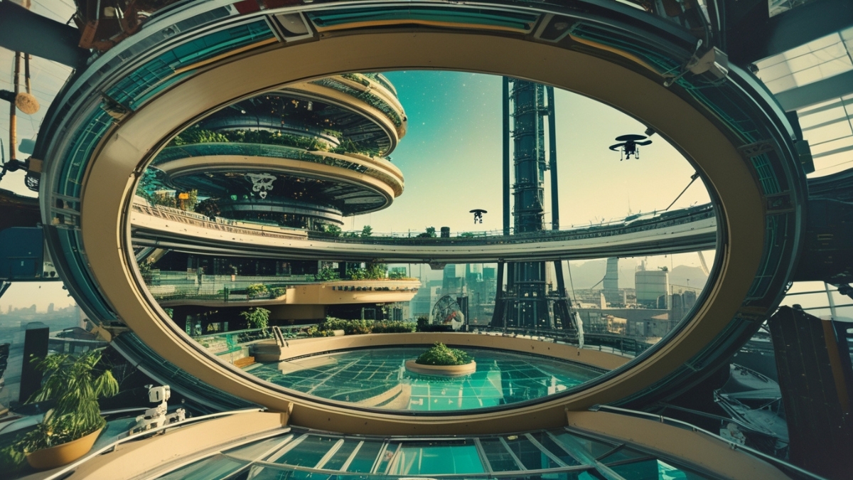Circular space structure with layered gardens, glass floors, drones, and a futuristic city in the background.