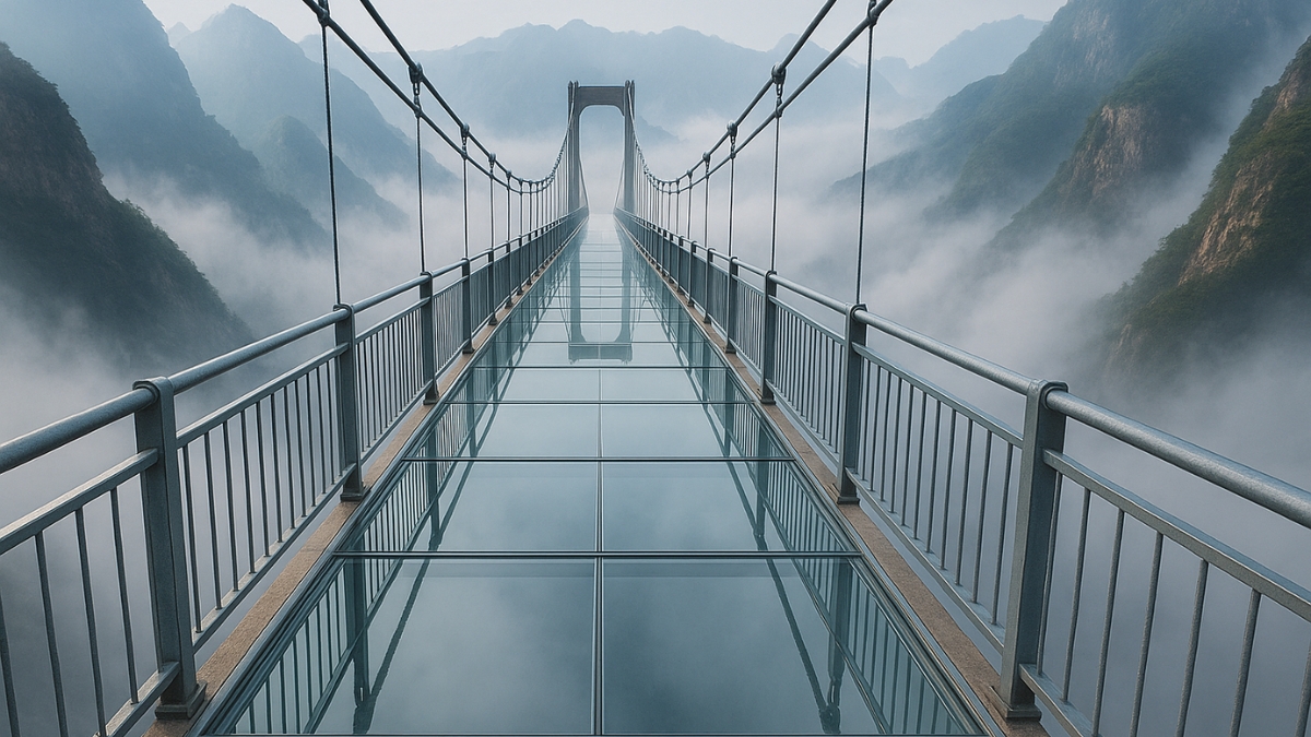 A long glass suspension bridge stretches across a fog-filled mountain valley surrounded by steep cliffs.