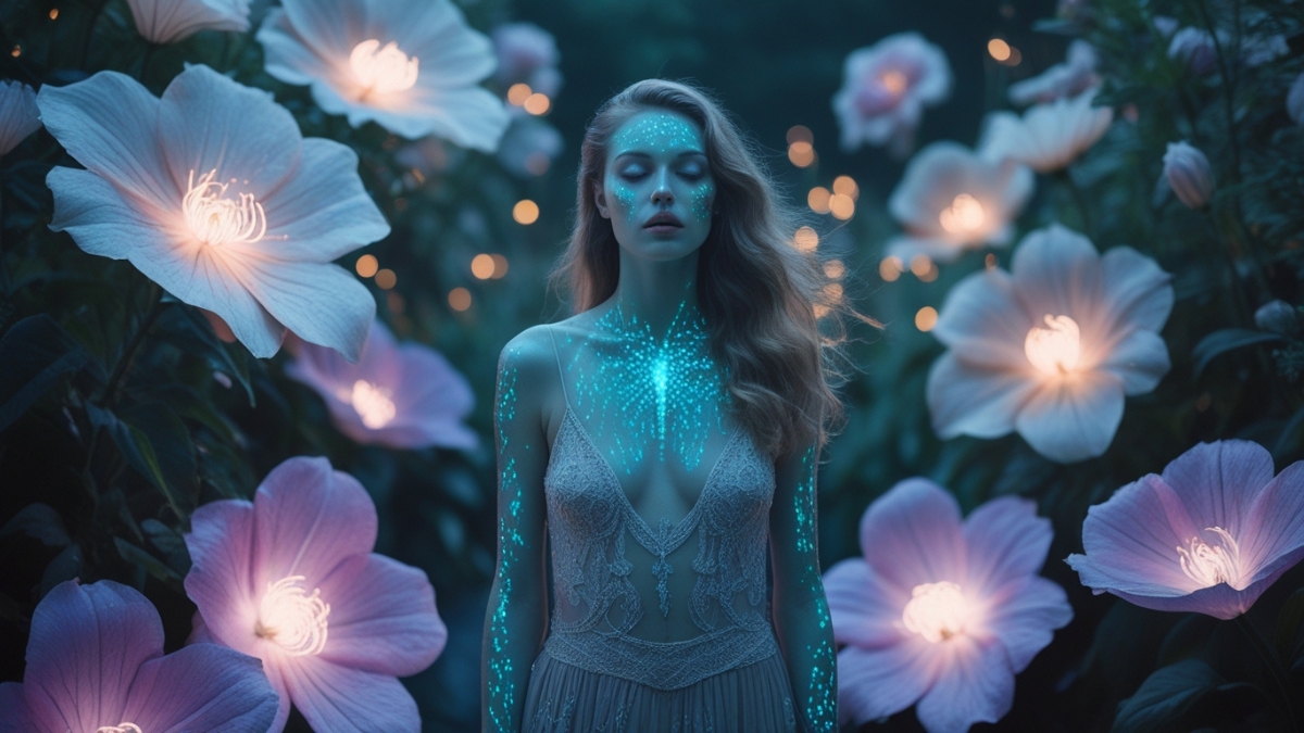 A woman with glowing blue skin patterns stands among large illuminated flowers in a dark, mystical garden.