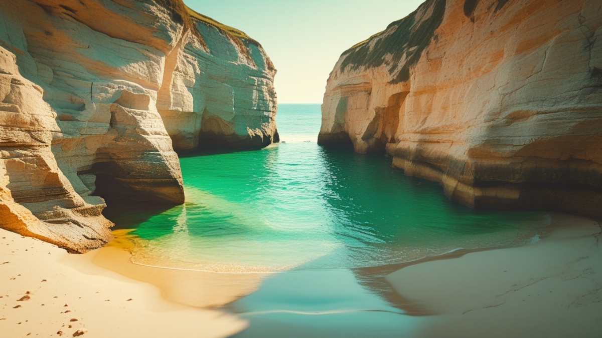 A golden sandy beach curves around turquoise water, surrounded by tall, sunlit cliffs along the coast.