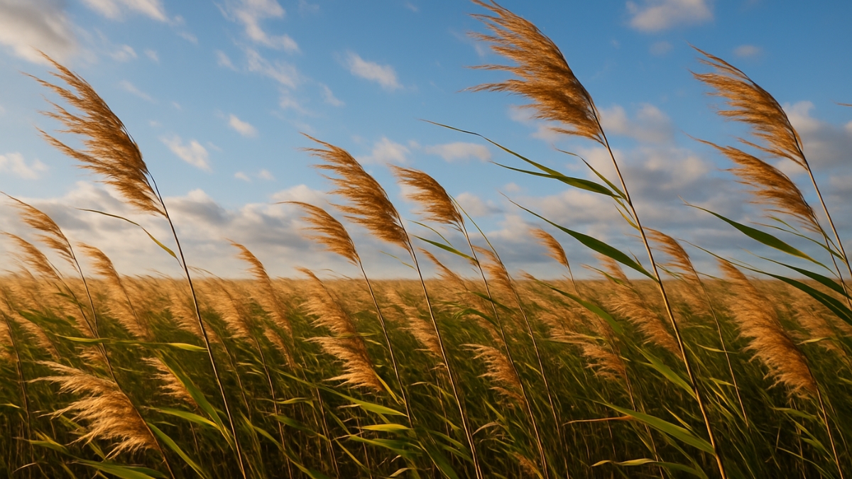 Tall golden reed grasses sway in the wind under a partly cloudy blue sky.