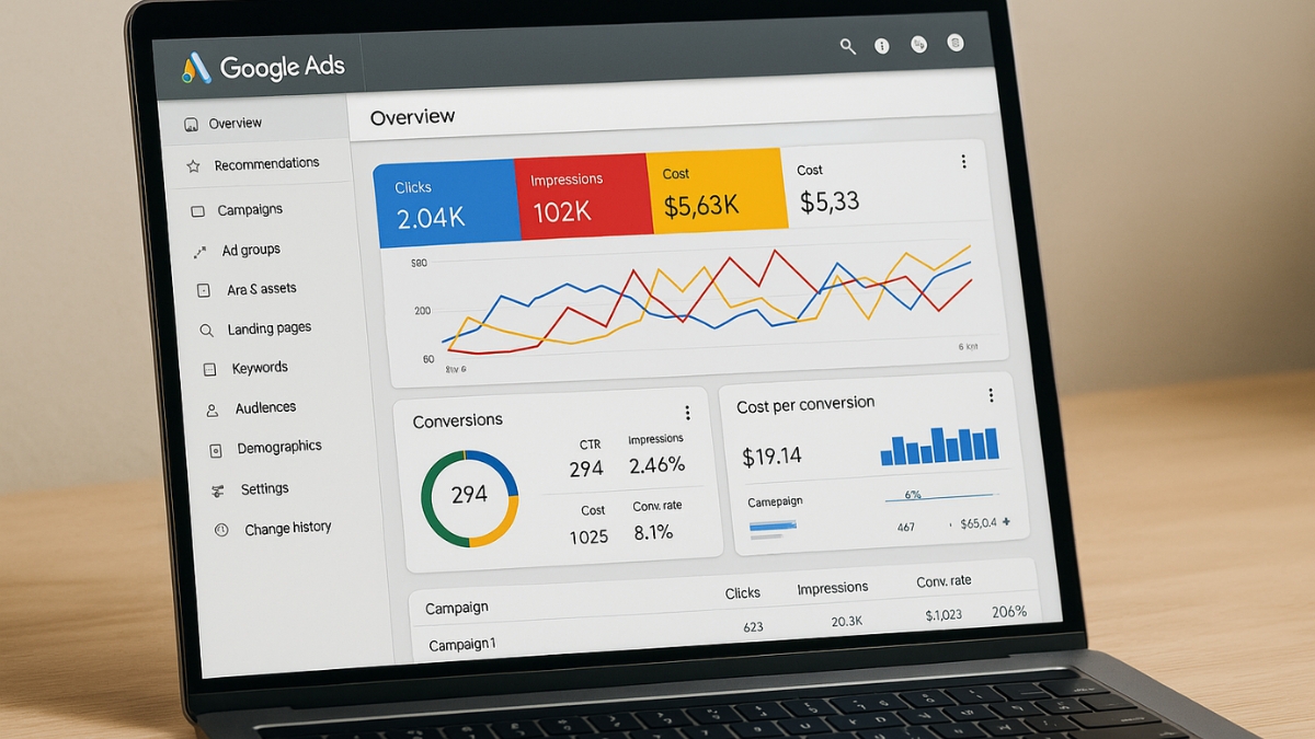 A laptop displays a Google Ads dashboard with charts and campaign performance data.