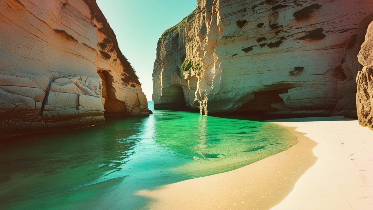 Emerald green water fills a secluded cove with tall sandstone cliffs and a narrow stretch of soft sandy beach.