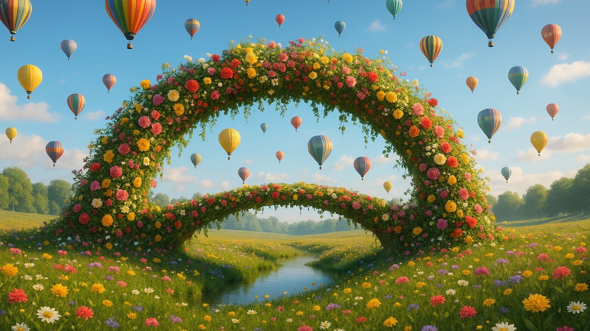 Colorful hot air balloons float above two large arch bridges made of blooming flowers in a sunny meadow.