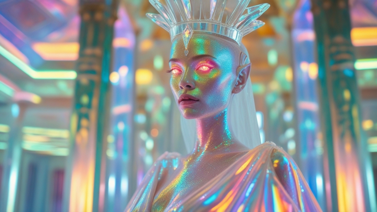 A futuristic woman with glowing eyes and iridescent skin wears a crystal crown in a radiant, mirrored palace.