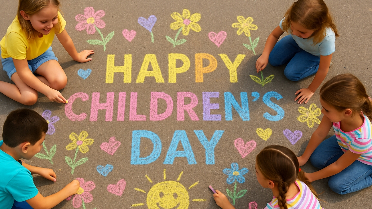 Children draw colorful chalk art with flowers and hearts around the words “Happy Children’s Day” on pavement.