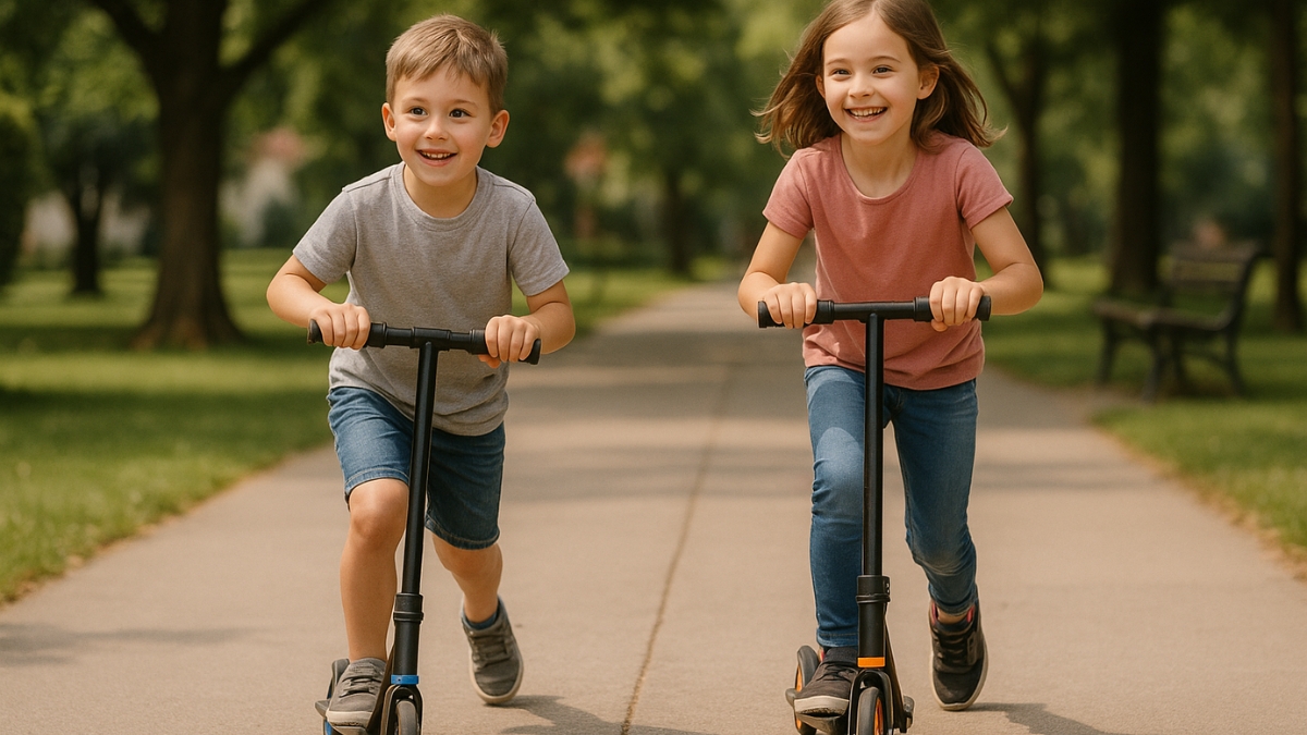 Kids Riding Scooters in the Park