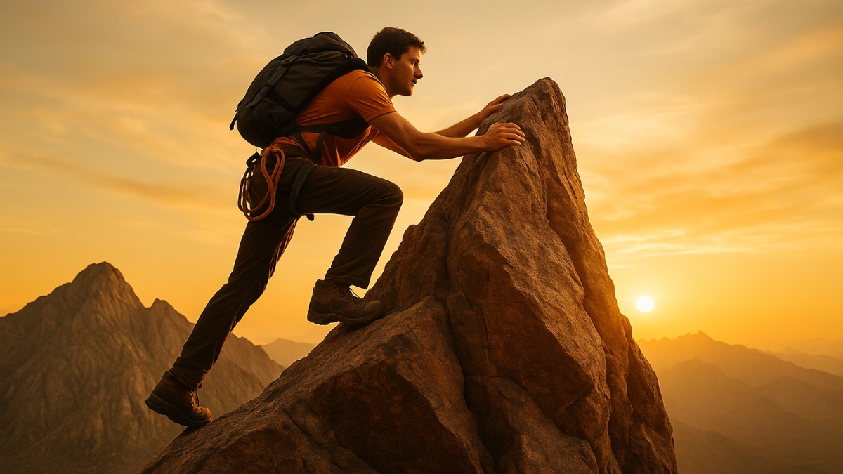 Man Climbing Rock at Sunset in Mountain Landscape