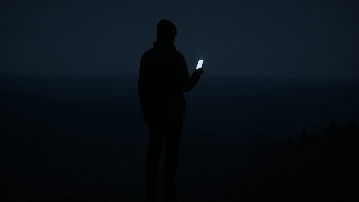 Egy férfi áll a sötétben, és egy izzó telefon képernyőjét nézi, sziluettben a távoli éjszakai táj előtt.