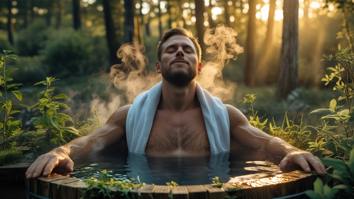 A man with a white towel relaxes in a steaming wooden hot tub surrounded by forest plants and sunlight.