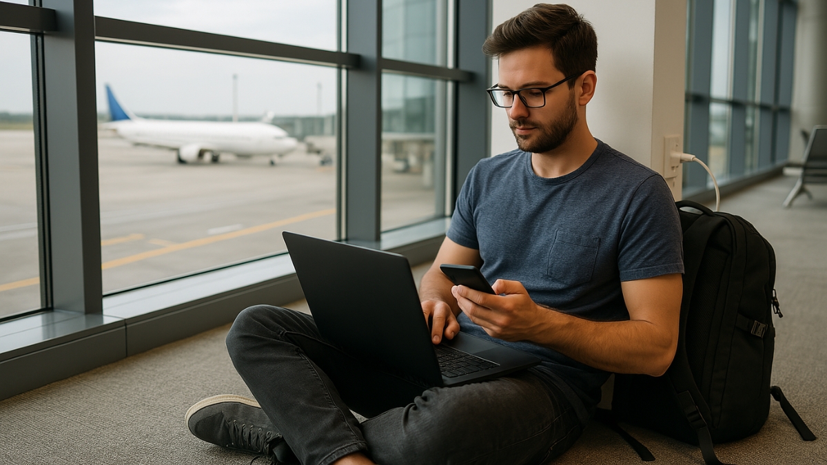 Man Working Remotely at Airport Gate