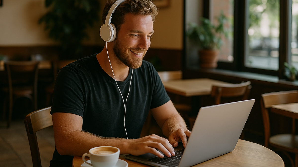 Man Working with Headphones in Cozy Café
