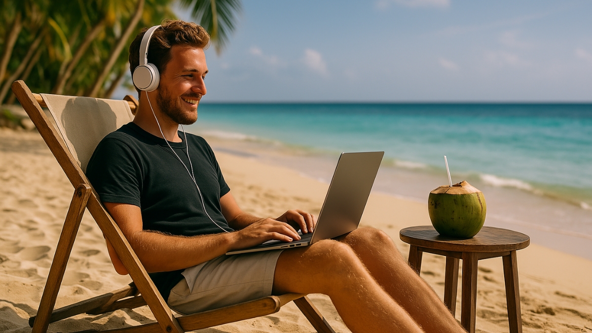 Man Working with Laptop on Tropical Beach