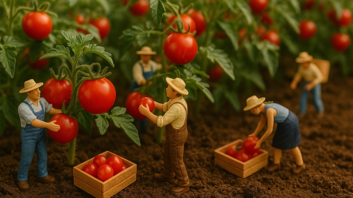 Pequeñas figuritas cosechan grandes tomates rojos y llenan cajas de madera con productos.