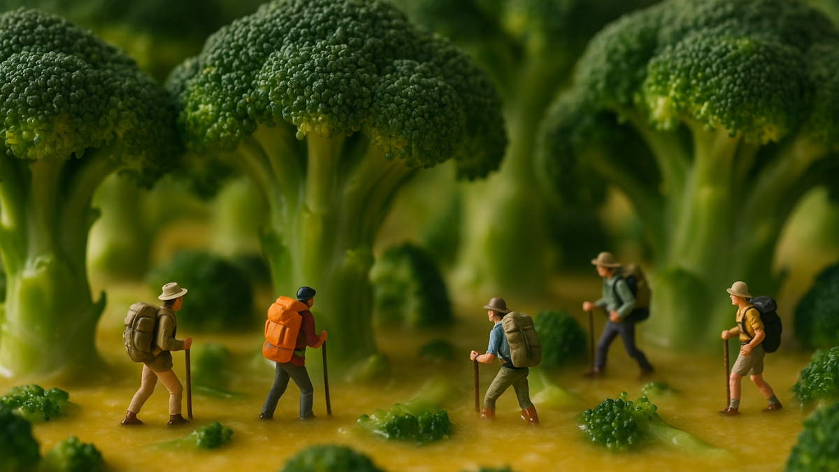 Cinco excursionistas en miniatura con mochilas caminan entre grandes tallos de brócoli que parecen un bosque.