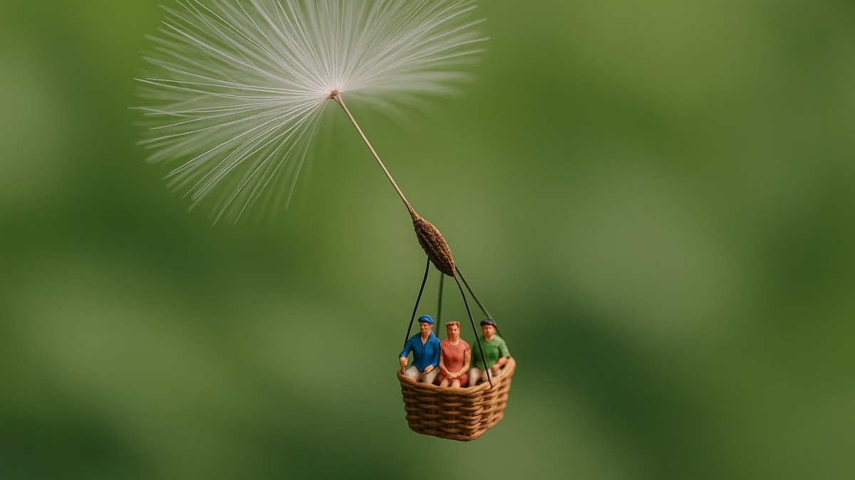 Three miniature people sit in a basket suspended from a floating dandelion seed.
