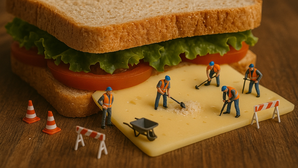 Obreros de la construcción en miniatura cavan y palean migas sobre una loncha de queso debajo de un bocadillo.