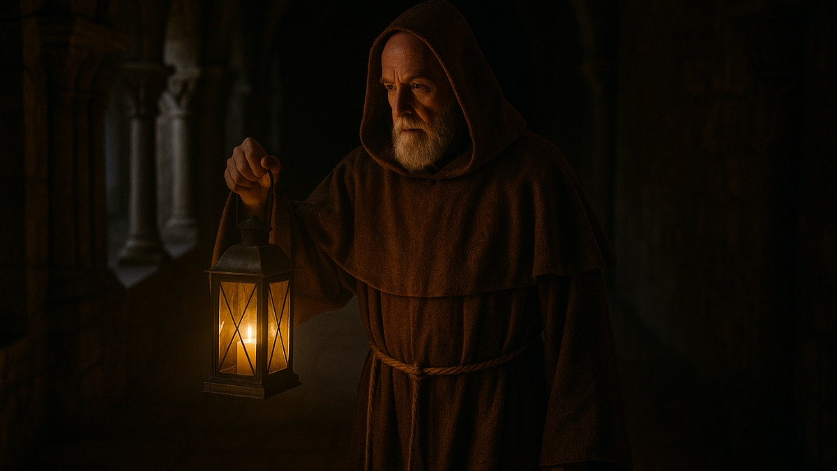 An elderly monk in a brown robe holds a glowing lantern while standing in a dark, arched stone corridor.