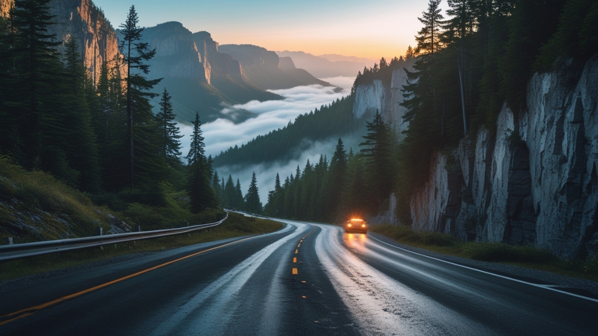A car drives along a wet mountain road at sunrise, surrounded by cliffs, pine trees, and drifting valley fog.