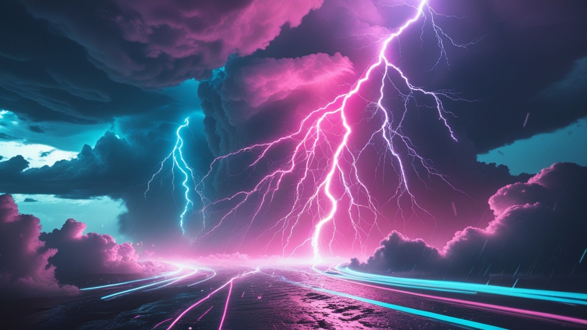 Pink and blue lightning bolts strike from storm clouds over a wet shoreline under a dramatic sky.