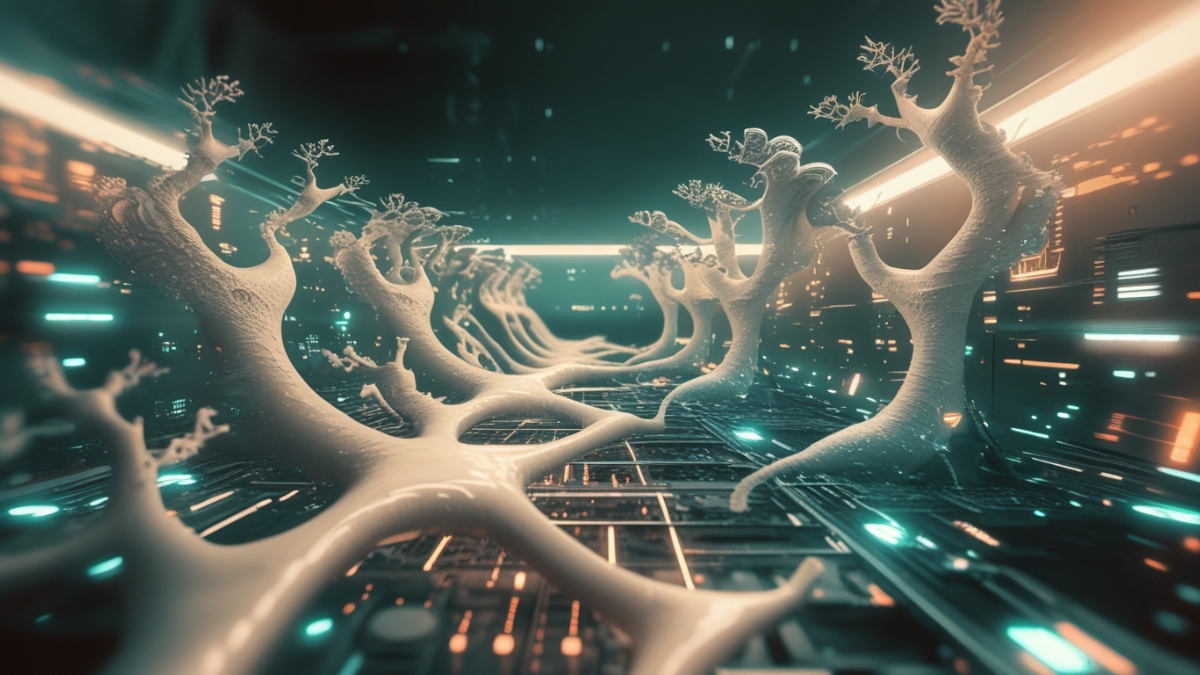 Tree-like neural structures stretch across a glowing digital circuit floor in a sci-fi tunnel.