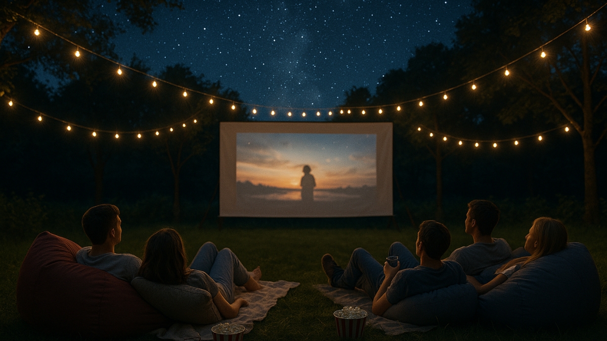 Group of friends watching a movie on a projector screen outdoors at night under string lights and a starry sky.