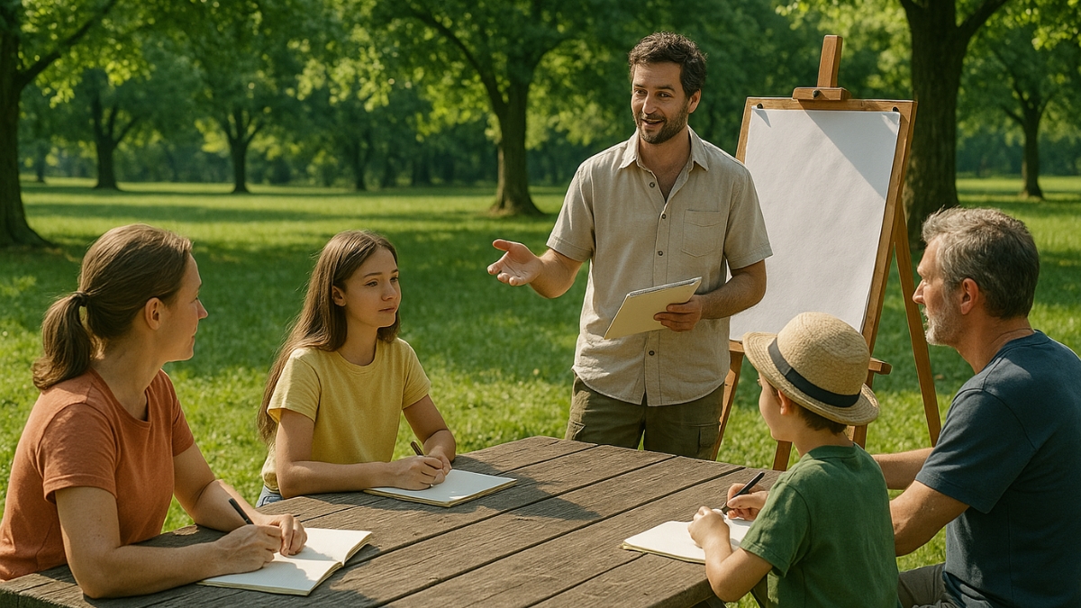 Instructor leads a writing class for adults and children seated at a wooden picnic table in a green park.